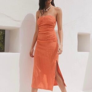 Free People Brandie Strapless midi dress, Flamingo Orange, Small